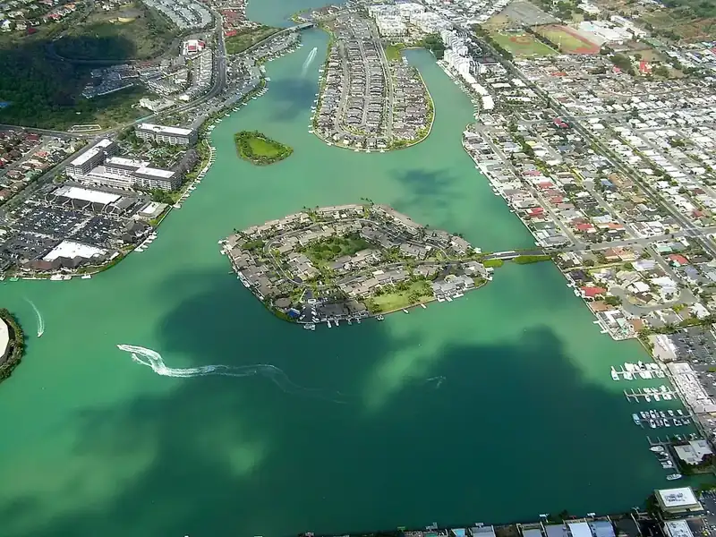 Aerial view of Oahu homes along marina channels